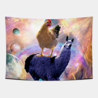 Chicken Riding Llama In Space - Rainbow Tapestry