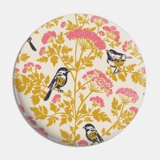 Hemlock with Chickadee Birds in Pink and Mustard Yellow Floral Repeat Pattern Pin