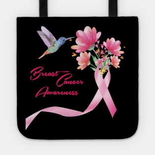 'Hummingbird With Flowers Pink Ribbon' Breast Cancer Gift Tote