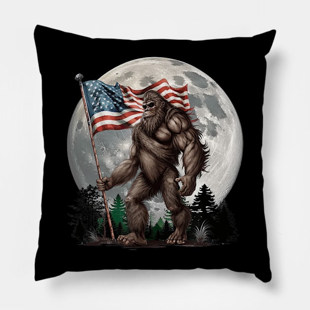 Bigfoot Sasquatch American Flag Full Moon Patriotic Pillow by marchizano