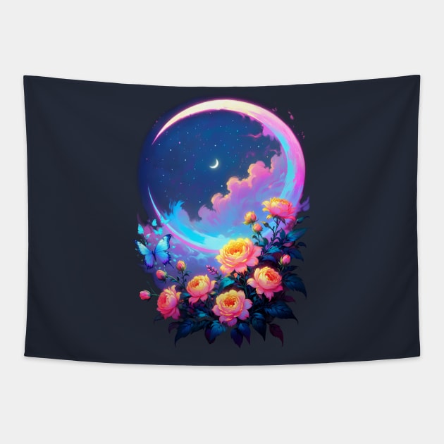 Moon and Flowers in Dreamland Tapestry by 3vaN