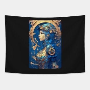 Steampunk Golden Blue Woman - A fusion of old and new technology Tapestry