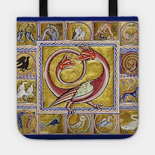 MEDIEVAL BESTIARY,TWO HEADED RED DRAGON, FANTASTIC ANIMALS IN GOLD RED BLUE COLORS Tote