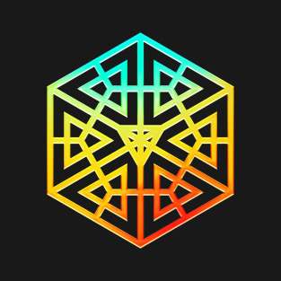 Neon Geometric Glyph Mandala Sigil Rune Sign Seal Cyan Red and Yellow  -  454 T-Shirt