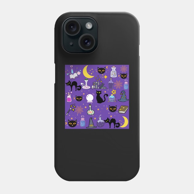 Black Cat Black Magic_Purple Background Phone Case by leBoosh-Designs