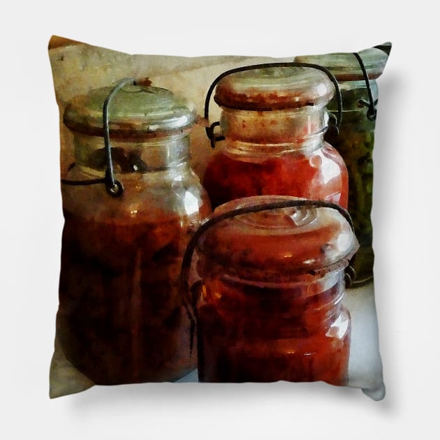 Kitchens - Tomatoes and String Beans in Canning Jars Pillow by SusanSavad