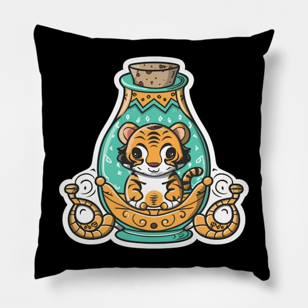 Cute Baby Tiger in a Genie Bottle Pillow by joolsd1@gmail.com