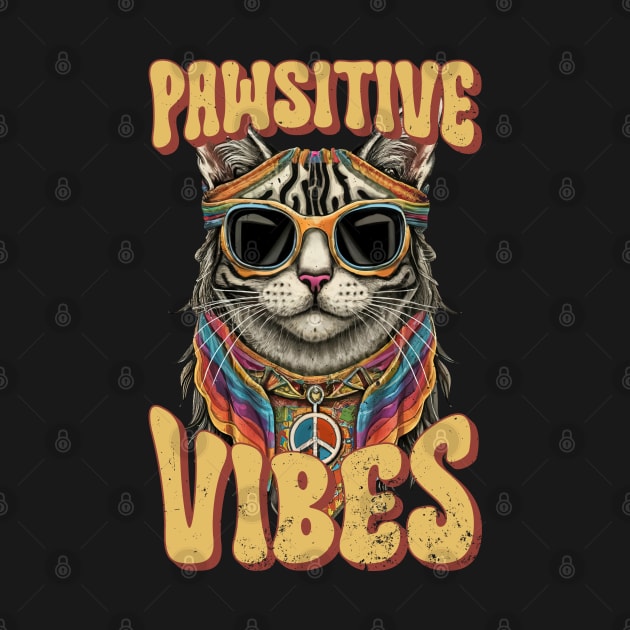 Pawsitive Vibes, Retro Groovy Style Hippie Cat Lover Design by PugSwagClothing