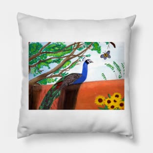 Peacock Gouache Painting Pillow