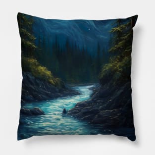 Abstract painting of full moon shining on the lake on a calm winter night Pillow