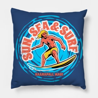 Vintage Sun, Sea & Surf Kaanapali Maui Hawaii // Retro Surfing // Surfer Catching Waves Pillow