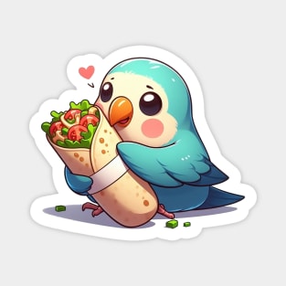 cute love birds are eating Mexican specialties, Tacos, Burritos, Enchiladas, Quesadillas, Guacamole, Fajitas, Chiles Rellenos, Tamales, Mole, Chilaquiles, Magnet
