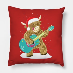 Scottish Highland Cow Plays Guitar In The Christmas Snow Pillow