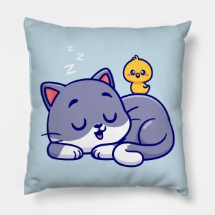 Cute Cat Sleeping With Chick Cartoon Pillow