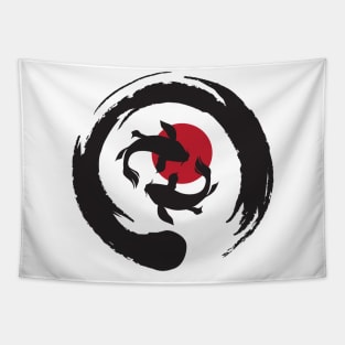 Zen Symbol with Koi Fishes And Red Sun Tapestry