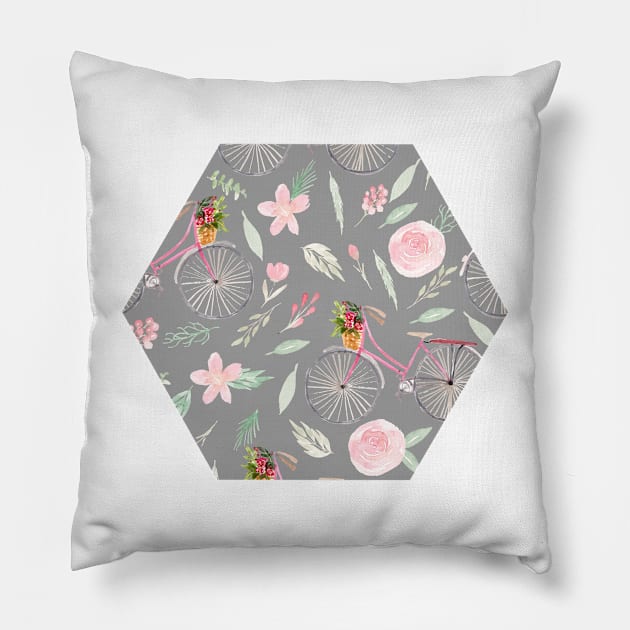 Vintage Watercolor Bicycle | Florals | Pattern | Grey Pillow by Harpleydesign