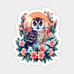 A Cute Short Eared Owl Surrounded by Bold Vibrant Spring Flowers Magnet