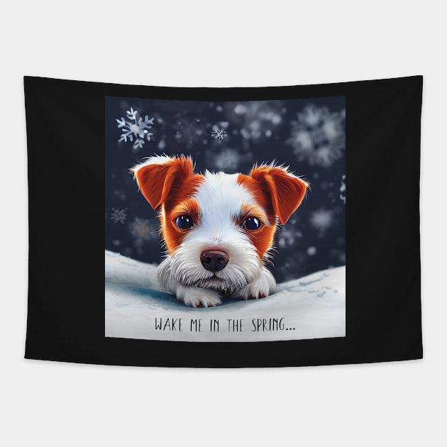 Wake me up in Spring grumpy Jack Russell Terrier Puppy Dog In the Snow Tapestry by Geminiartstudio