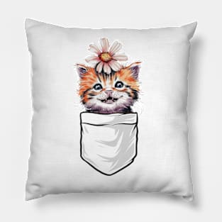 Peeking Cat In Pocket Cute Kitten With Daisy Flower On Head Pillow