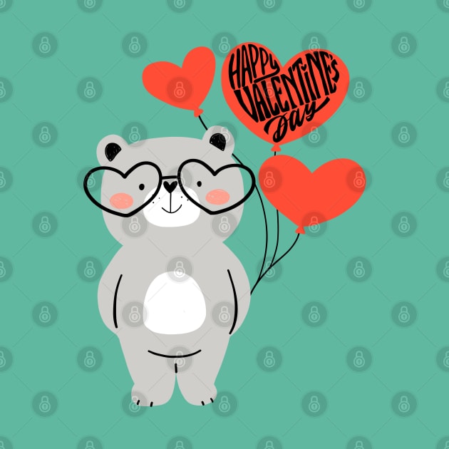 Grey Bear Black Glasses Pink Balloons Happy Valentine's Day by AlmostMaybeNever