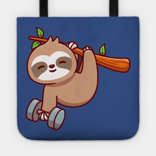 Cute Sloth Holding Dumbbell Cartoon Tote