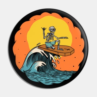 Cool Surfing Skeleton Riding a Coffin Top // Funny Surfer Cartoon Pin