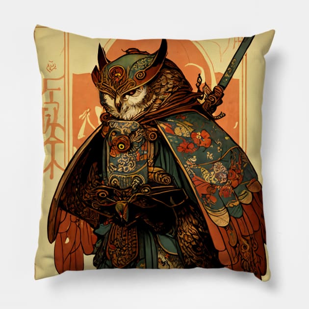 Owl Samurai Art Nouveau Pillow by entwithanaxe