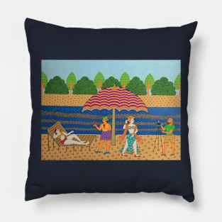 Indian folk art phad painting with modern fusion, Summer beach theme Pillow