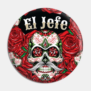 El Jefe Sugar Skull Red Roses Pin