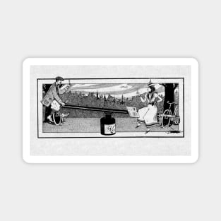 Artistic cyclists on a seesaw- vintage book illustration. Magnet