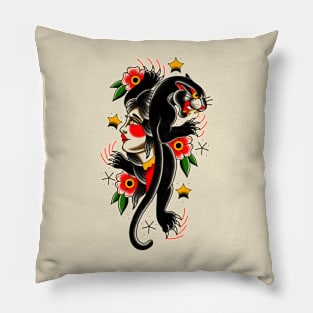 Old School Traditional Panther With Woman Tattoo Pillow