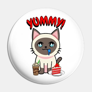 Cute siamese cat is having coffee and cake Pin