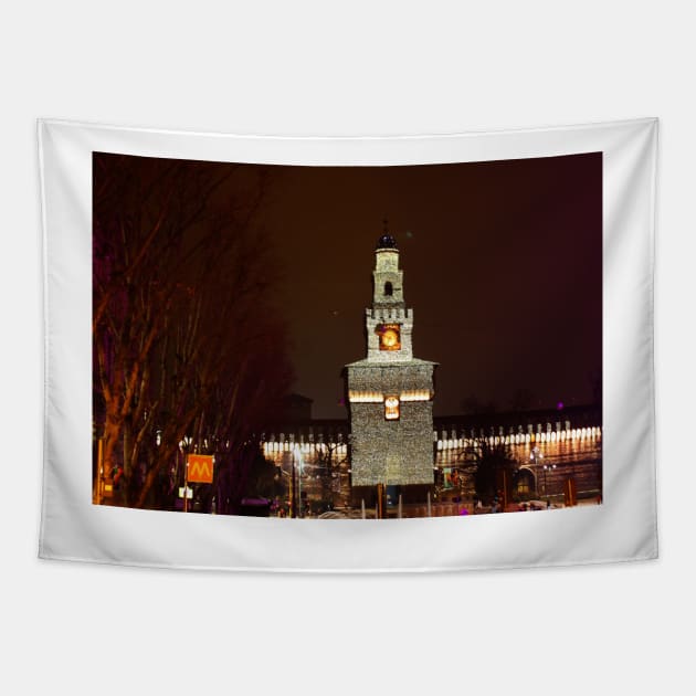 Milan. Castello Sforzesco Entrance at Night with Christmas Lights. 2010 Tapestry by IgorPozdnyakov