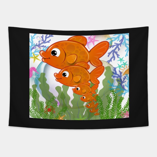 aquarium illustration with big orange fish family Tapestry by JENNEFTRUST