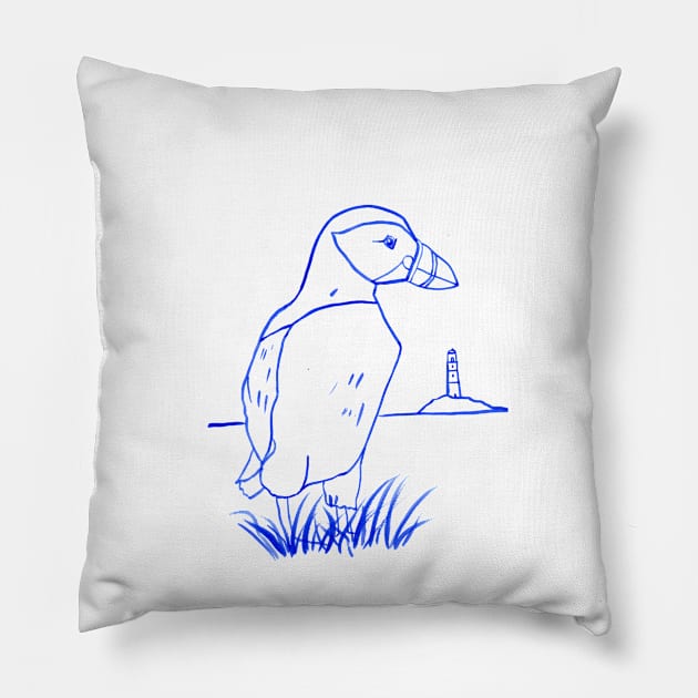 Watercolor Line Drawing Atlantic Puffin Pillow by Sandraartist