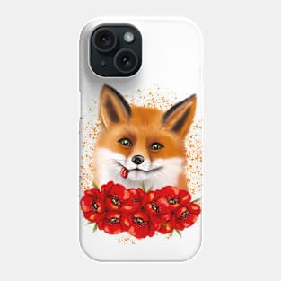 Cute fox face with red poppies Phone Case