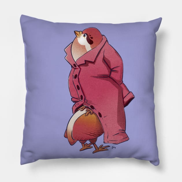 Three Birds in a Trench Coat Pillow by Theysaurus