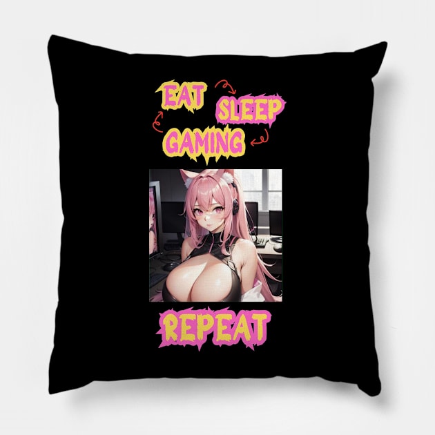 Eat Sleep Gaming Repeat Anime Girl Pillow by Clicks Clothes