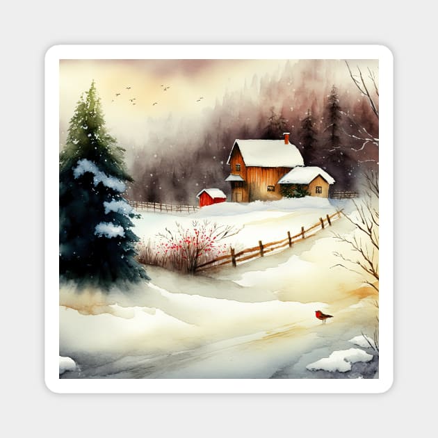 Chritsmas Snow Winter Watercolor Landscapes series 2 Magnet by Mi Styles