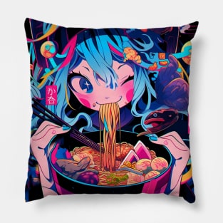 Cute Anime Girl |  Ramen Noodles | Hentaii Chibi Kawaii Design Pillow