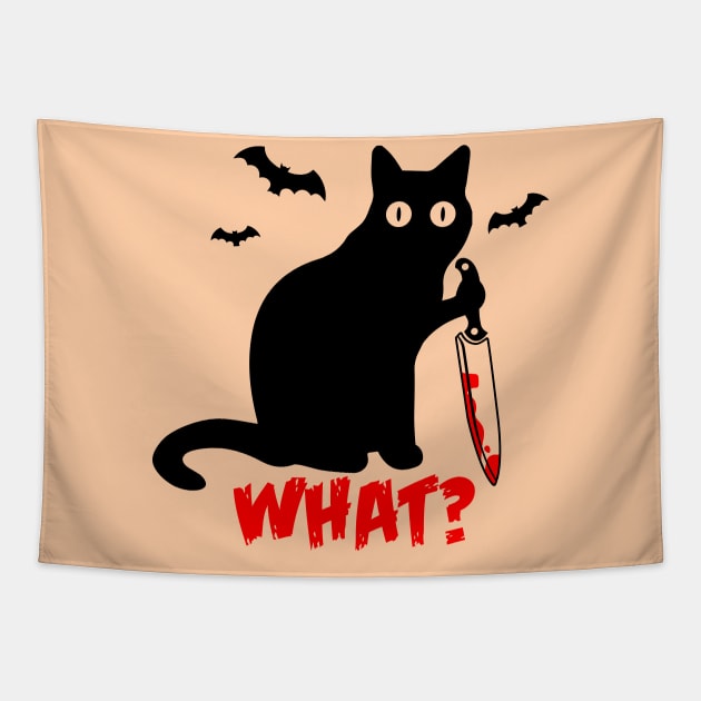 Funny Black Cat What Knife Halloween Scray Tapestry by expressimpress