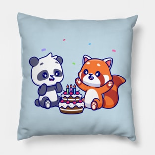 Cute Panda And Red Panda With Birthday Cake Cartoon Pillow