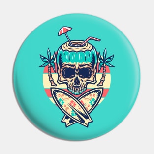 Skull with surfboards and palm trees on the beach - cool surfer Pin