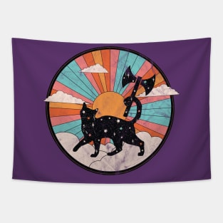 Distressed Starry Retro Rainbow Lesbian Labrys Cat T-Shirt Tapestry