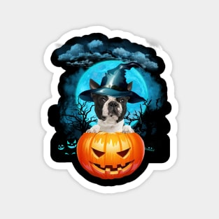 Boston Terrier Witch Hat Pumpkin And Blue Moon Halloween Magnet