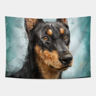 Contemporary Painting of a Black and Gold Doberman Pinscher on Blue Background Tapestry