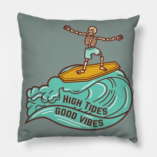 High Tides Good Vibes Vintage Surfing Skeleton Pillow