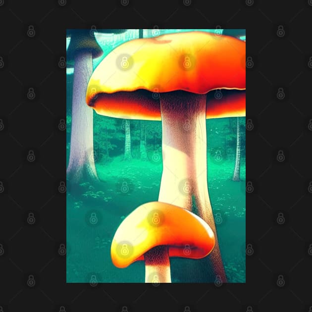 2 SURREAL MUSHROOMS IN A GREEN FOREST WITH MOUNTAIN by sailorsam1805