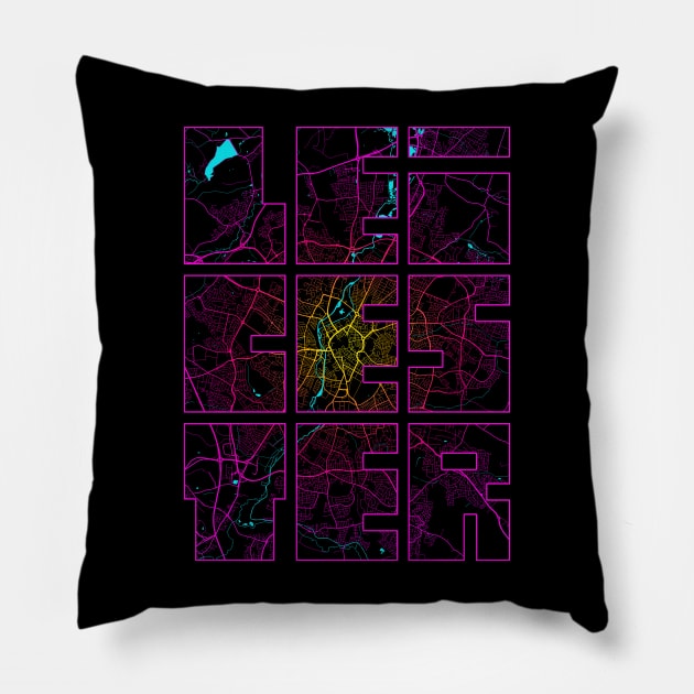 Leicester, England City Map Typography - Neon Pillow by deMAP Studio