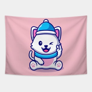 Cute Cat Wearing Hat And Scarf With Hand Peace Cartoon Tapestry